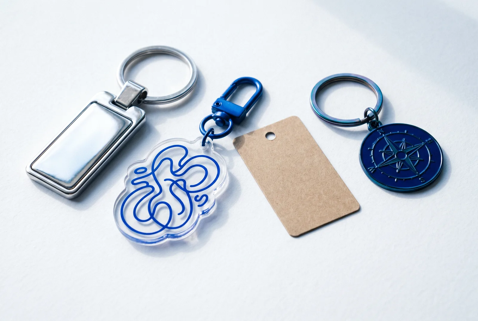 Custom metal, acrylic and enamel keychains grouped on a paper surface