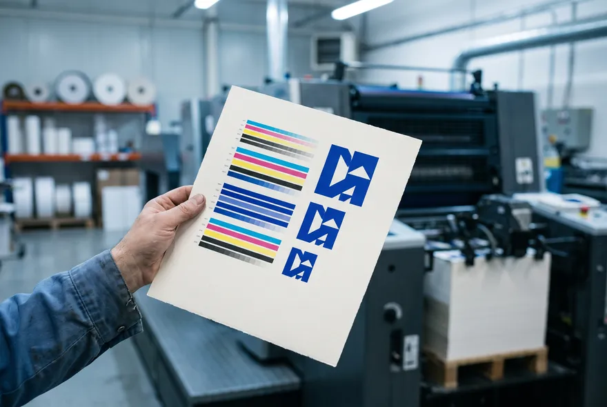 Hand holding a printed color proof sheet