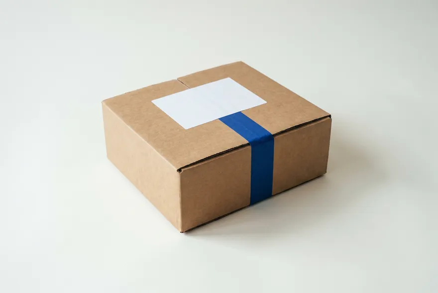 Kraft shipping box with cobalt tape strip