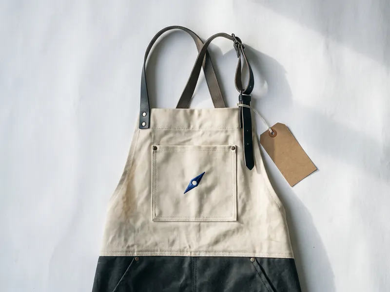 Waxed canvas custom apron with embroidered cobalt emblem on the chest pocket