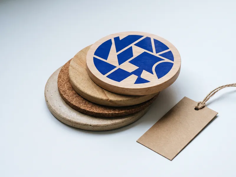 Staggered stack of custom coasters in wood, cork, sandstone and ceramic