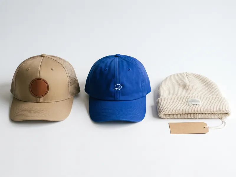 Custom trucker hat with leather patch beside a cobalt dad hat and knit beanie