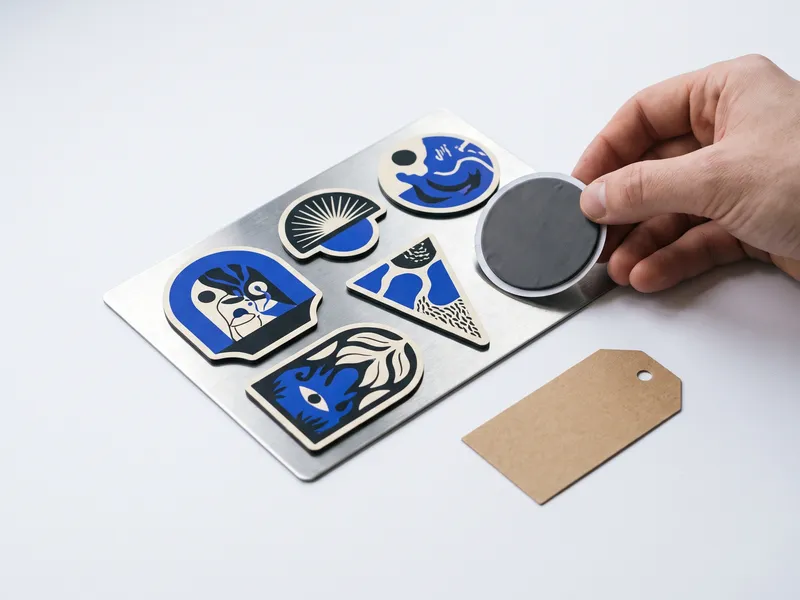 Die cut custom fridge magnets arranged on a brushed steel sheet