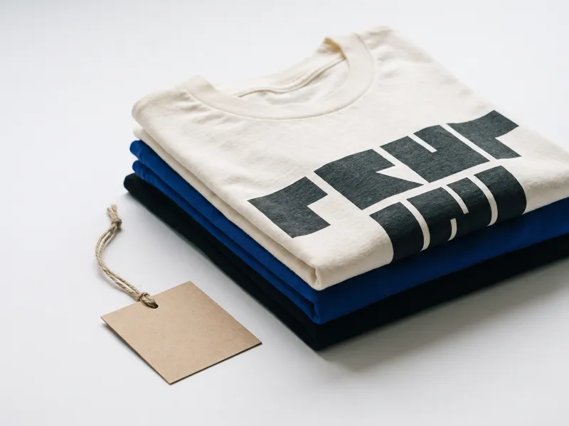 Folded stack of custom screen printed t-shirts with a cobalt chest print