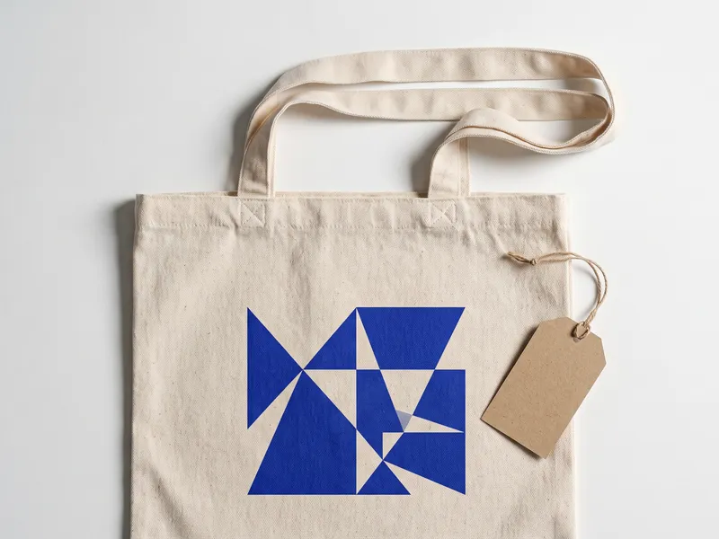 Natural canvas custom tote bag flat lay with cobalt screen printed emblem