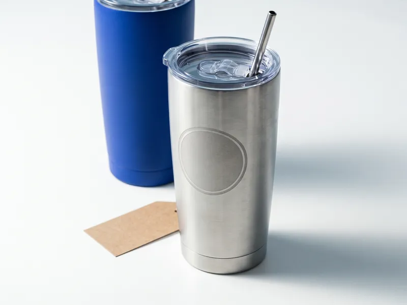 Insulated stainless custom tumbler with engraved emblem beside a matte cobalt tumbler