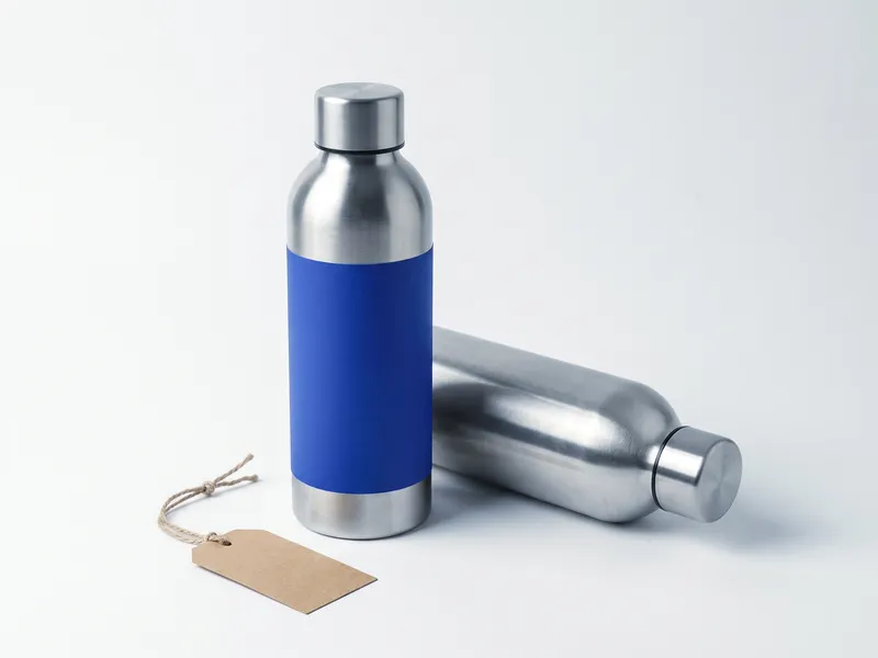 Brushed stainless custom water bottle with cobalt label band next to an aluminum sport bottle
